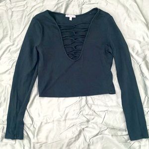 Green long sleeve criss cross crop top